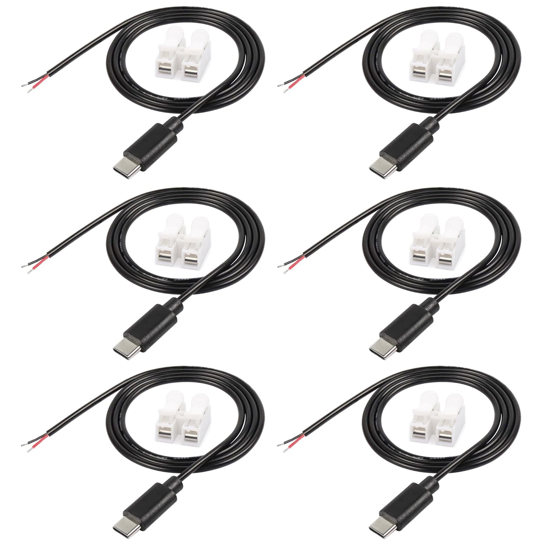 USB-Typ-C-Pigtail-Kabel-Verlängerungskabel, 22 AWG, 24 V, 12 V, 9 V, 5 V, 3 A, USB-C-Stecker auf 2-poligen blanken Draht, offenes Ende, Stecker für Heimwerker, 1 m, 6 Stück (Typ C-Stecker)