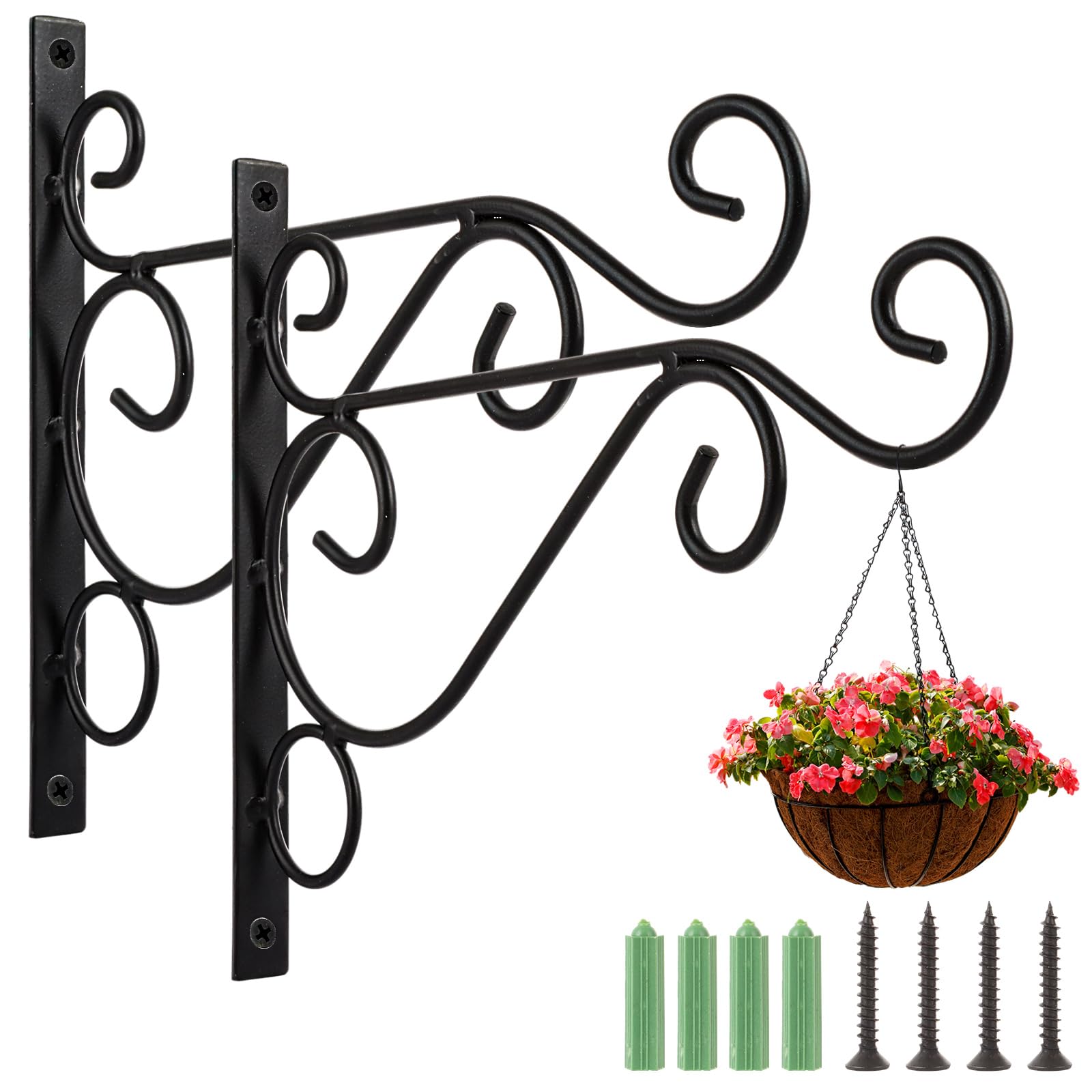 Aselected Black 2 Pcs Hanging Basket Brackets Wall Hanging Hooks,Iron Plant Hanger Wall Hooks, Heavy Duty Outdoor Plant Hangers,Metal Plant Hooks For Lantern Planter Flower Hanger Fence Bird Feeder