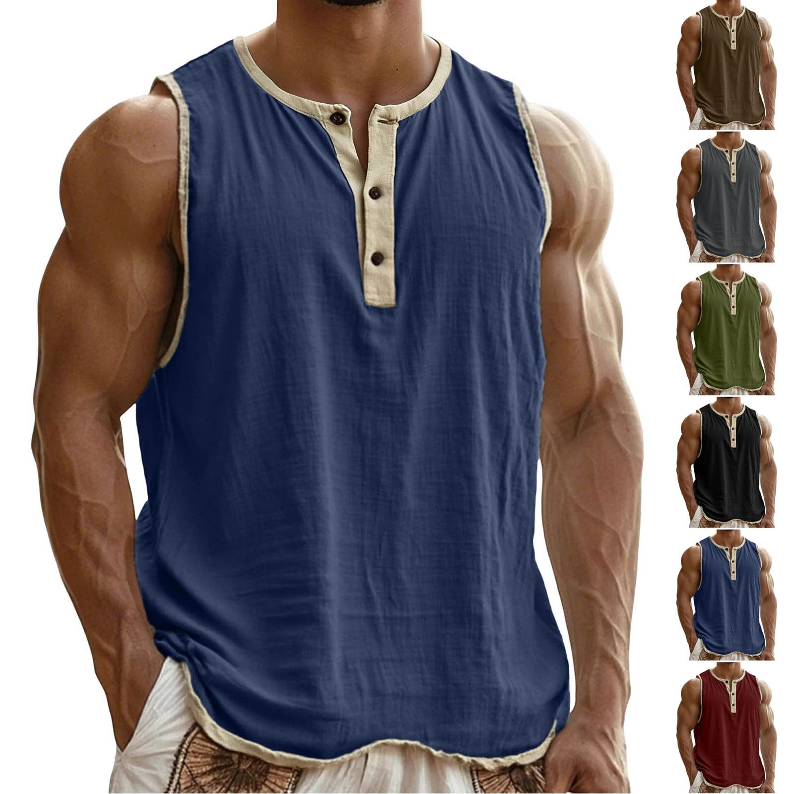 Débardeur Lin Homme Sport - col Mao - Henley Shirt Chemise en Lin sans Manches - Débardeurs Décontracté - Maillot de Corps d'été - Debardeur de Plage - Couleur Unie -Ample et Respirant T-Shirts Top