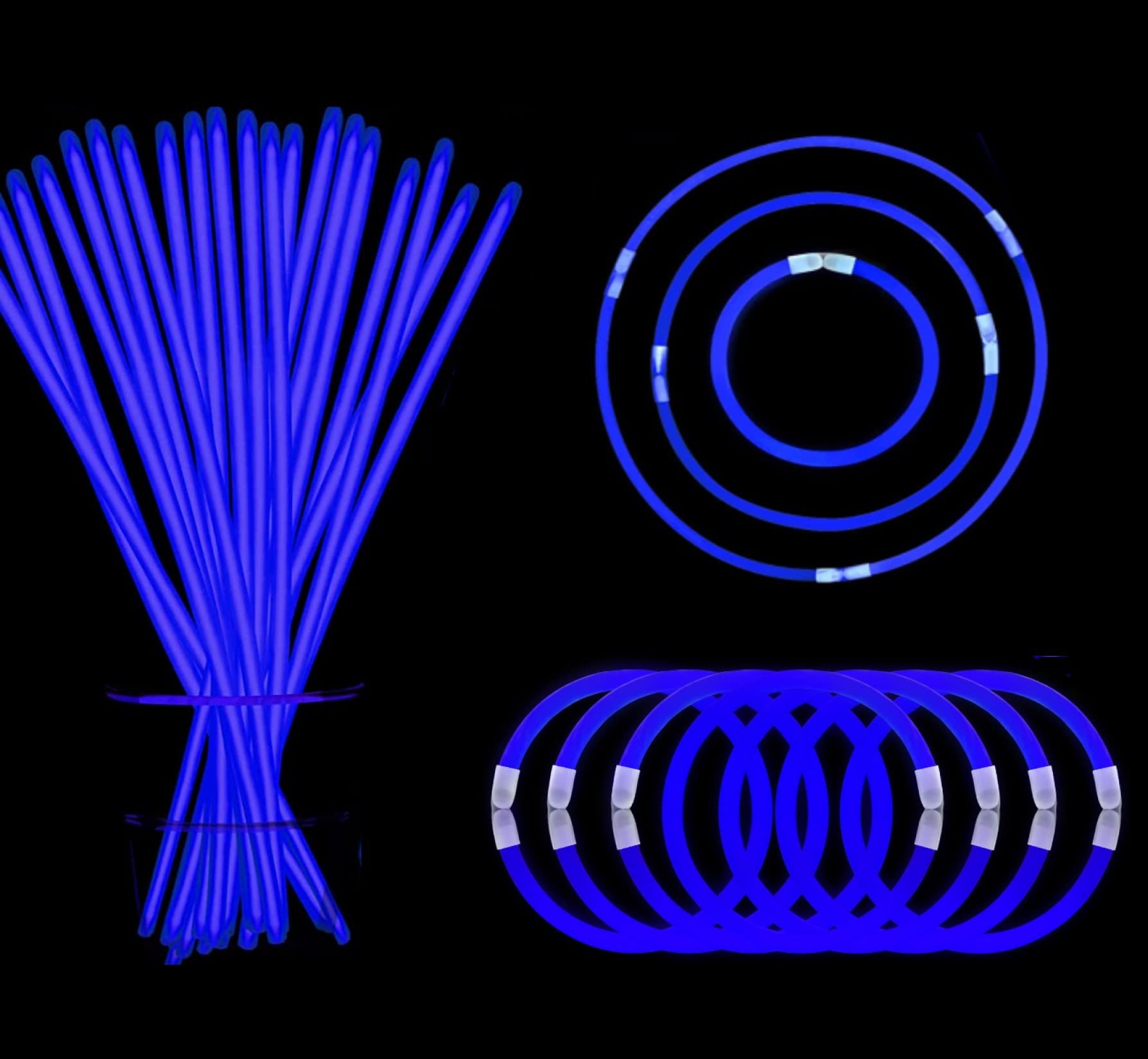 Blue Glow Sticks Bulk Light Up Bracelet Glow Necklaces with Connectors 50ct 8" Glowsticks Neon Party Supplies for Christmas New Year Vanlentines Day July 4th Wedding Gender Reveal