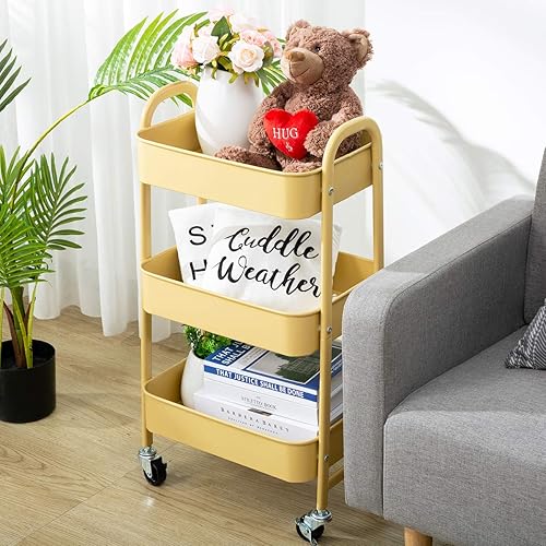 Miniatura 6 de AGTEK Carrito de maquillaje, carrito organizador movible con ruedas, carrito de metal de 3 niveles amarillo caqui