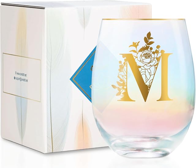 Onebttl Cadeaux de vin personnalisés pour les femmes, Verre à vin sans ardeur mignon avec initiales, Cadeaux Monogrammés pour les amoureux de vin sur les anniversaires de Noël, M