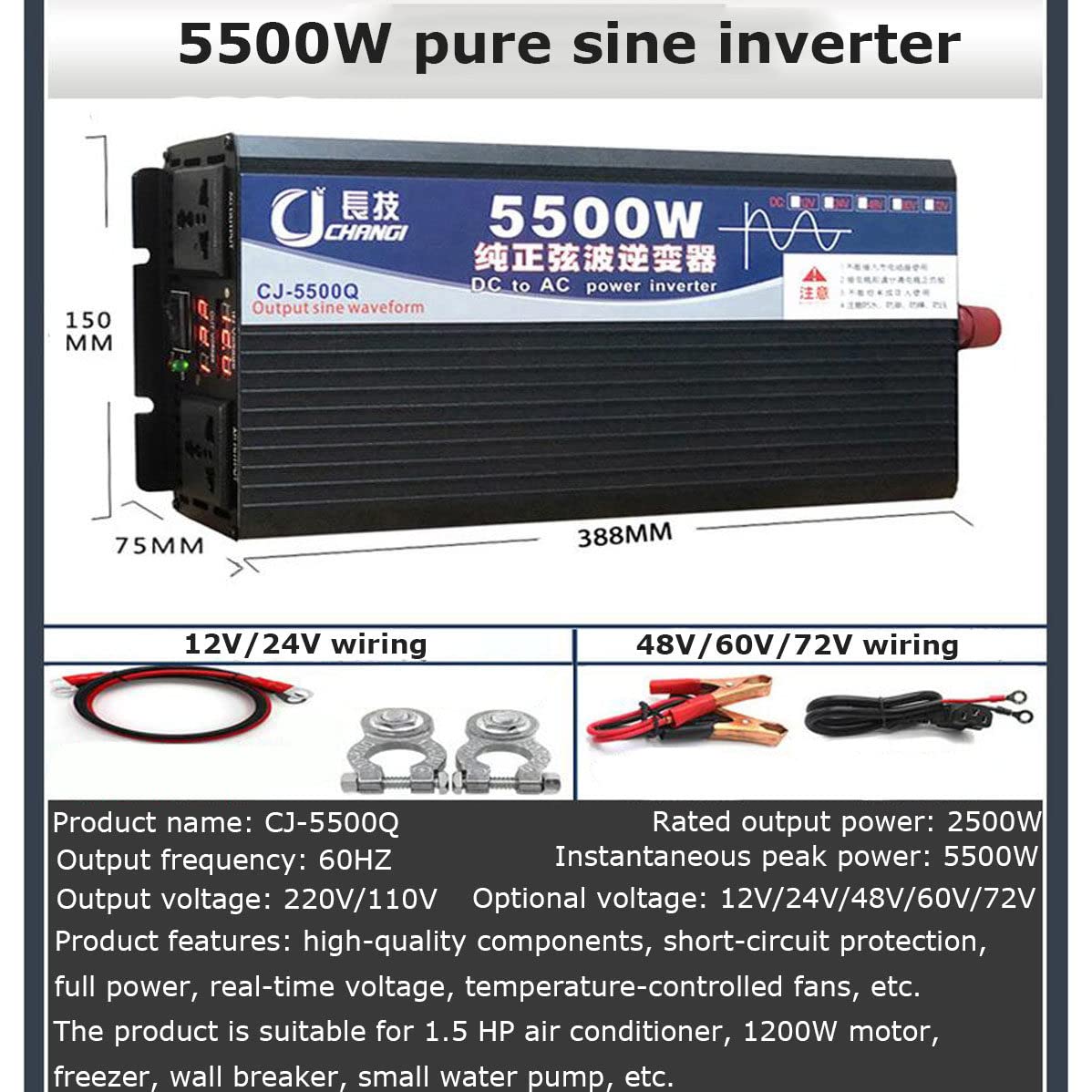 FAXIOAWA Onduleur à Onde sinusoïdale Pure 3500 W 4000 W 5000 W 5500 W 12 V/24 V/48 V/60 V/72 V DC vers 120 V pour Camping-Car Familial, système Solaire Hors réseau, Voiture, 5500 W-12 V