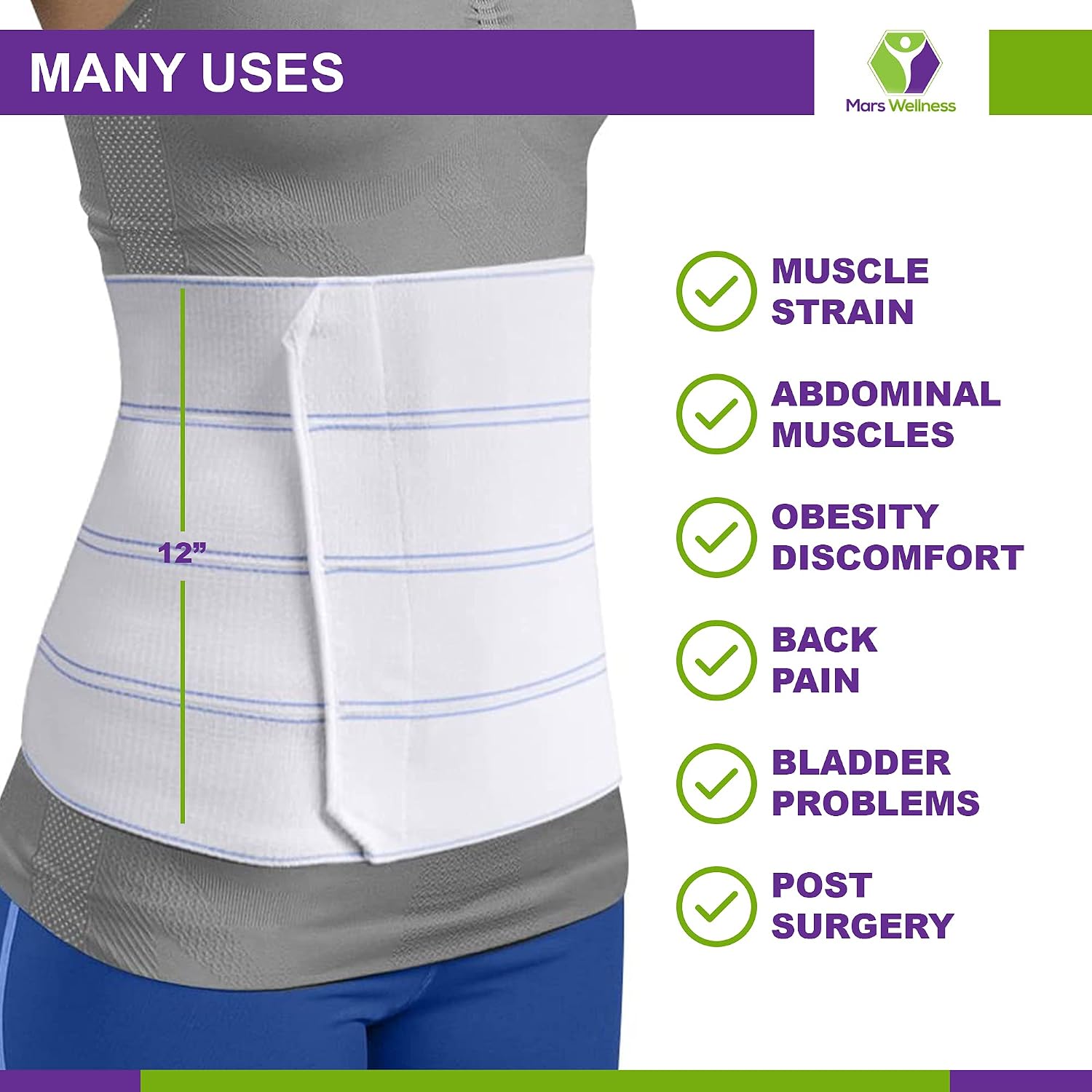MARS WELLNESS Premium Plus Size Bariatric Abdominal Binder - 12" 4 Section/Panel - Bariatric Binder Abdominal Brace for Men or Women - Fits Waist Sizes 72" - 96"