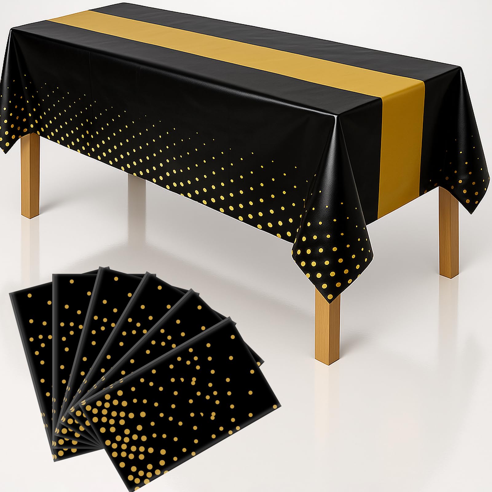 6Pcs Black and Gold Graduation Tablecloth, Graduation Decorations 2026, Retirement Party Decorations for Rectangle Tables, 54"x108" Disposable Plastic Table Cover for Congrats Birthday Wedding