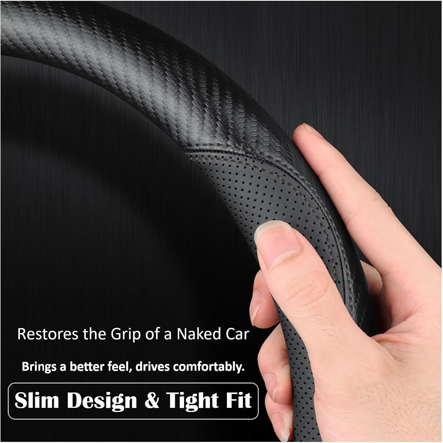 Nappa Leather 15 Inch Steering Wheel Cover, Non-Slip Breathable Carbon Fiber Steering Wheel Protector or Wrap for Men & Women, Black