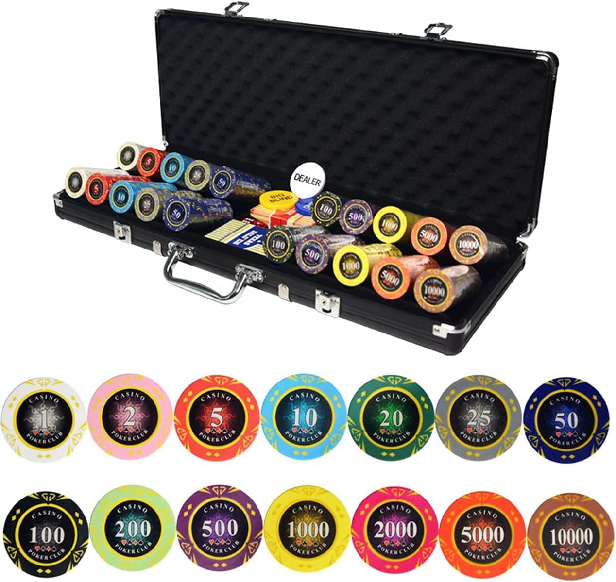 500 PCS Poker Chips Set, 14 Gram Casino Games Chips, Poker Set Texas Holdem Blackjack Poker Chips with Silver Aluminum Box, Dealer Button for Casino Games at Home ( Size : Silver Aluminum Box )