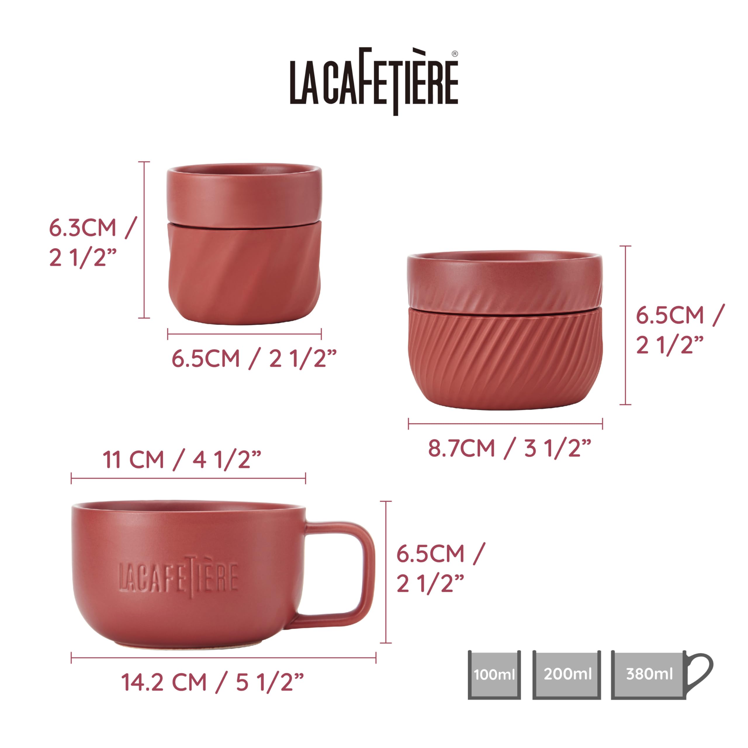 La Cafetière Set regalo di tazze per famiglie di amanti del caffè 3pc, con tazze impilabili da 38ml, 2ml e 1ml con manicotti in silicone per una facile presa, rosso