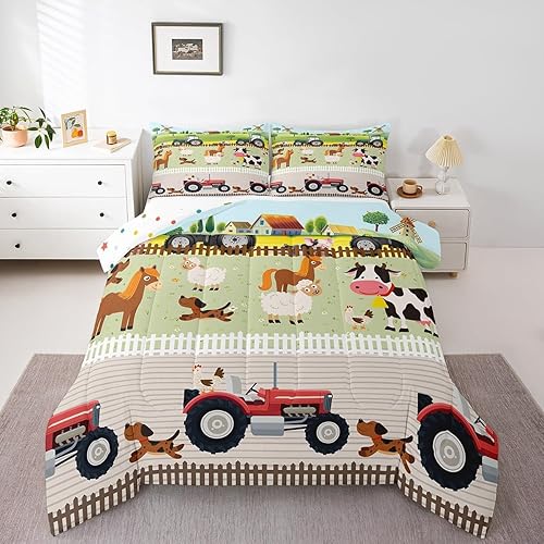 Miniatura 6 de Juego de ropa de cama de tractor para niños de tamaño individual para niños pequeños, lindo juego de edredón de animales de granja de dibujos