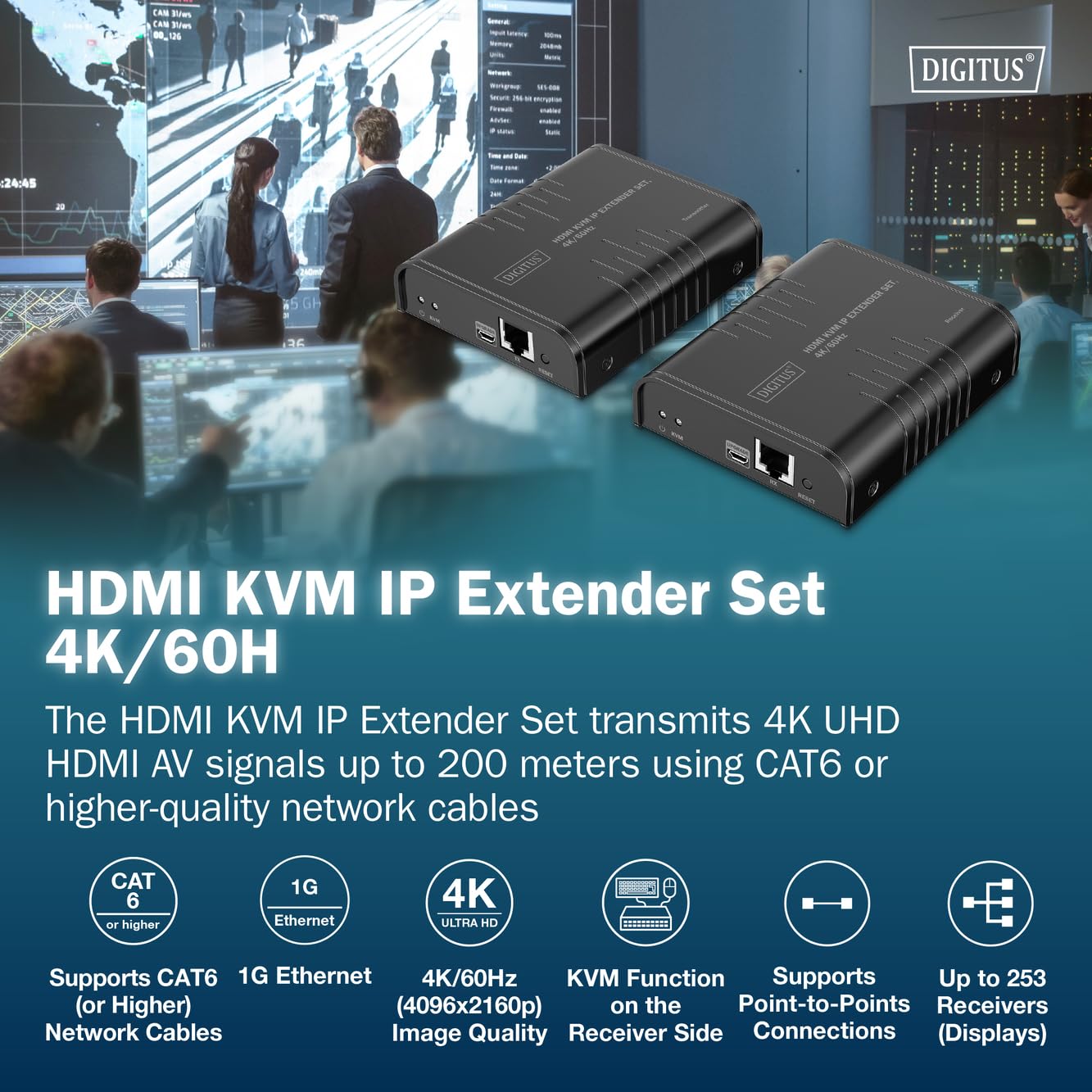 DIGITUS HDMI KVM IP Extender Set – UHD 4k 60Hz – 40 m de alcance – HDMI 2.0 – transmisor y receptor – hasta 253 receptores – 2x USB para ratón y teclado – punto a punto – CAT 6 – negro