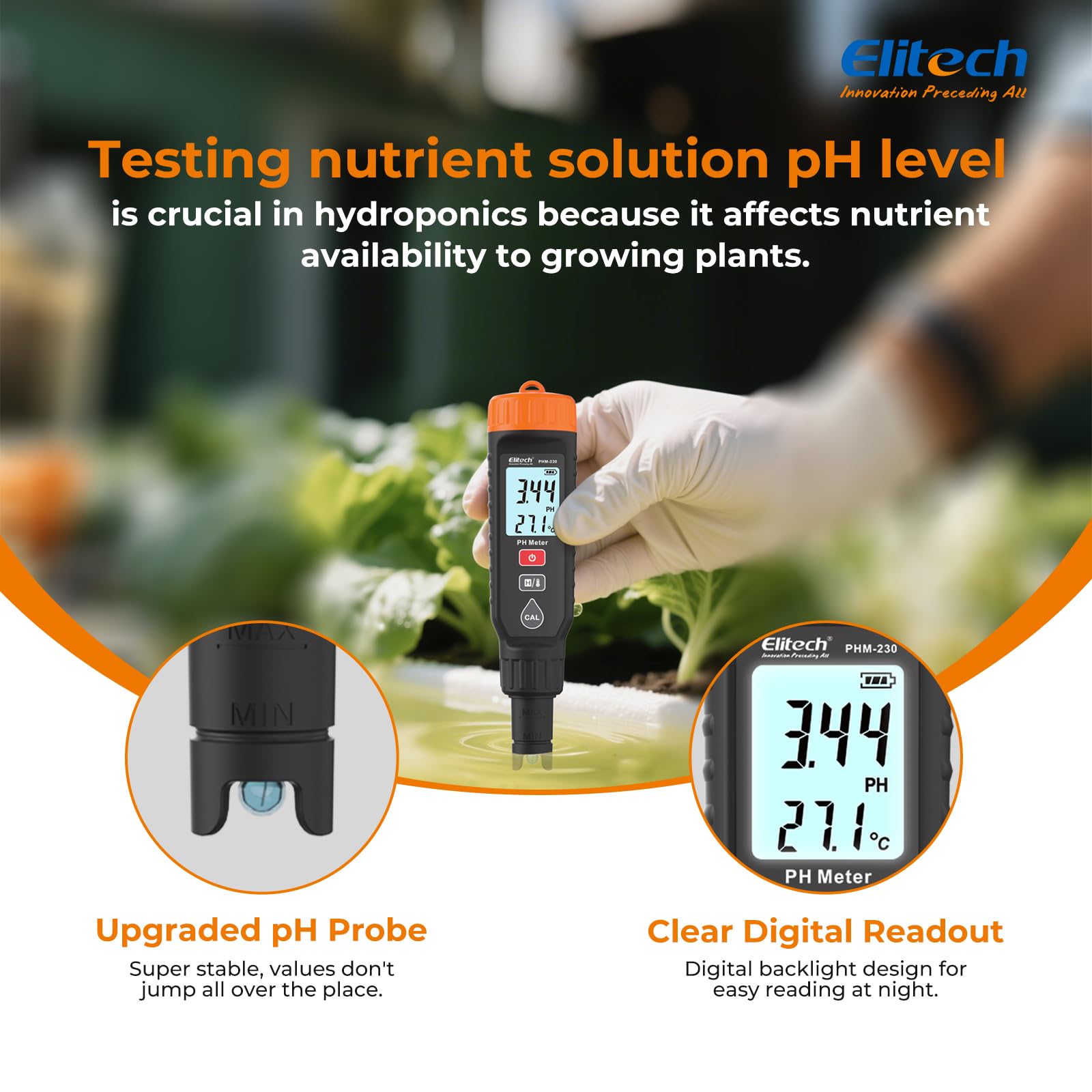 Medidor de pH Elitech con Indicador de Temperatura 0-14 pH ±0.05 de Precisión, Tester pH Calibración Automática, Retroiluminación con Alarmas de Color PHM-230