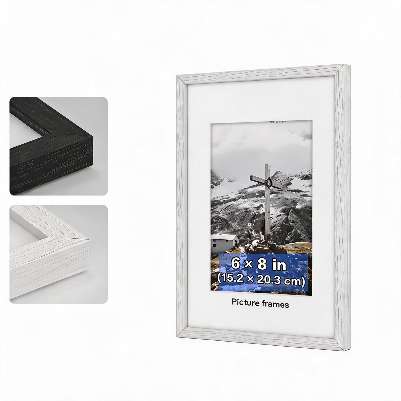 6x8 Picture Frame White, Wooden 6x8 Photo Frames, 15x20 cm White Frame with Plexiglass | Dual Orientation (Landscape/Portrait), Wall Mount & Tabletop Display for Home Office Gallery Decor — image 1