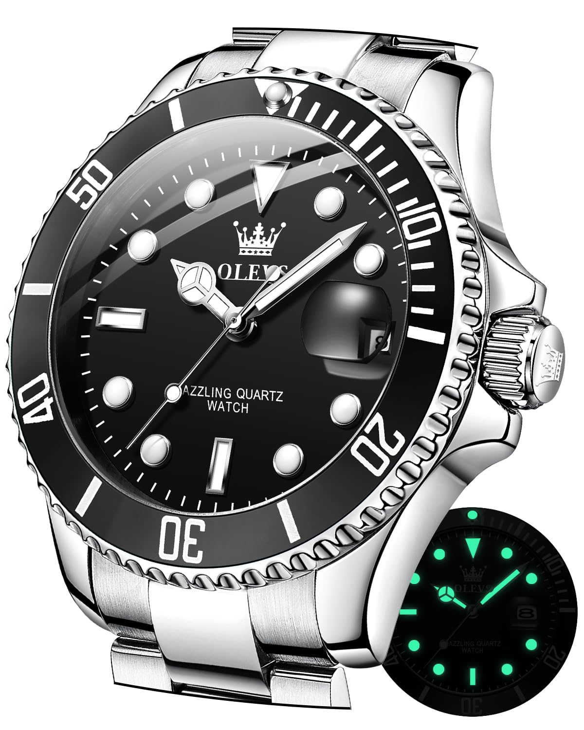 OLEVS Relojes para hombre, clásico, fecha, vestido de negocios, lujoso, esfera grande, verde/negro/azul, resistente al agua, luminoso, analógico, bicolor, acero inoxidable, reloj de pulsera para