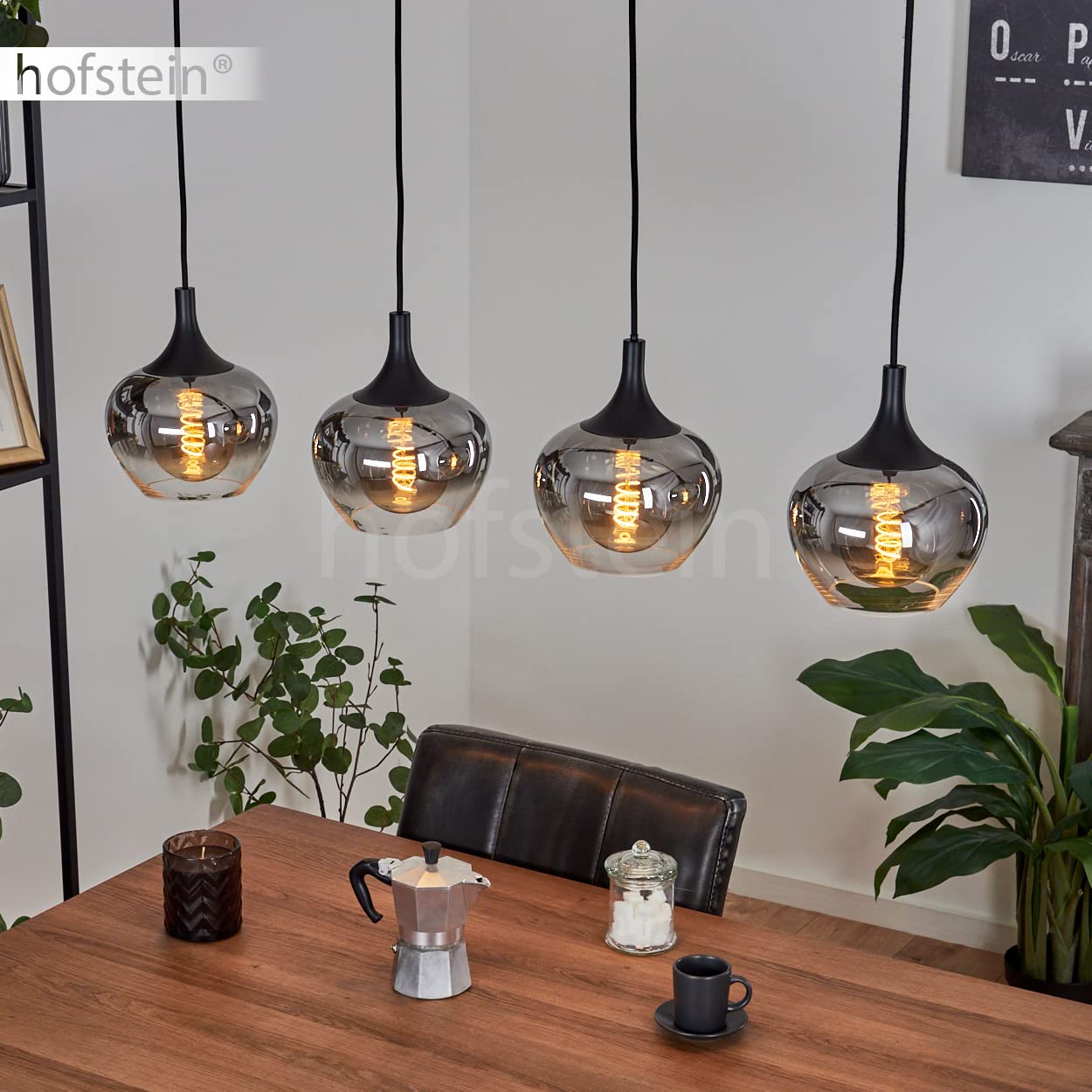 HOFSTEIN Hängeleuchte Azurara, 4-flammige Hängelampe aus Metall/Glas in Schwarz/Rauchfarben/Klar, Pendelleuchte im Vintage-Design, Ø Schirme 19,5 cm, max. 121 cm, E27, Esszimmer, Küche, Wohnzimmer
