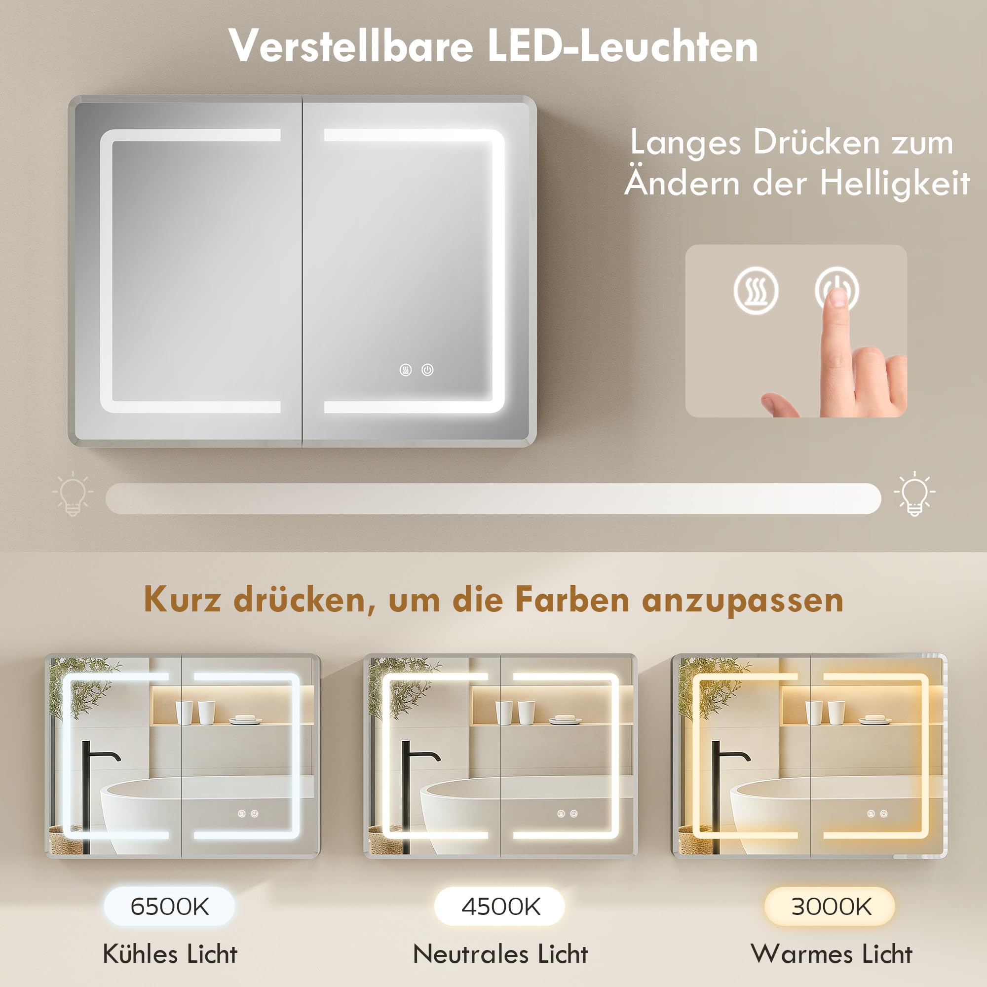 HOMCOM Szafka z lustrem do łazienki z LED i dwustronnymi lustrami, szafka łazienkowa z regulowaną półką, wisząca, regulowane oświetlenie w 3 kolorach, odparowywanie, 80x60x13,5 cm, srebrny