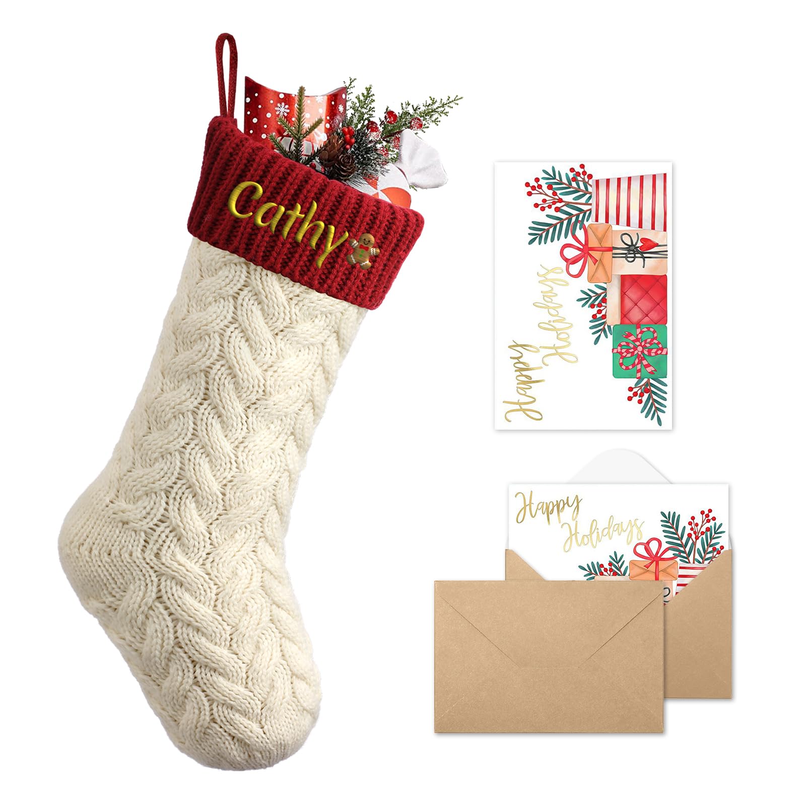 bolukets Personalised Christmas Stockings with Christmas Cards, 18" Large Knit Christmas Stocking Custom Embroidered Name Monogram for Family White Red — image 1