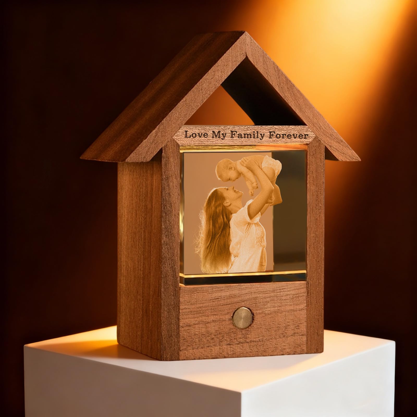 Custom 3D Photo Crystal Ball Night Light Personalized Laser Engraved Name/Text/Picture Globe Lamp with Wood Base Memorial Gift for Family Pets Couples Birthday Anniversary (House)