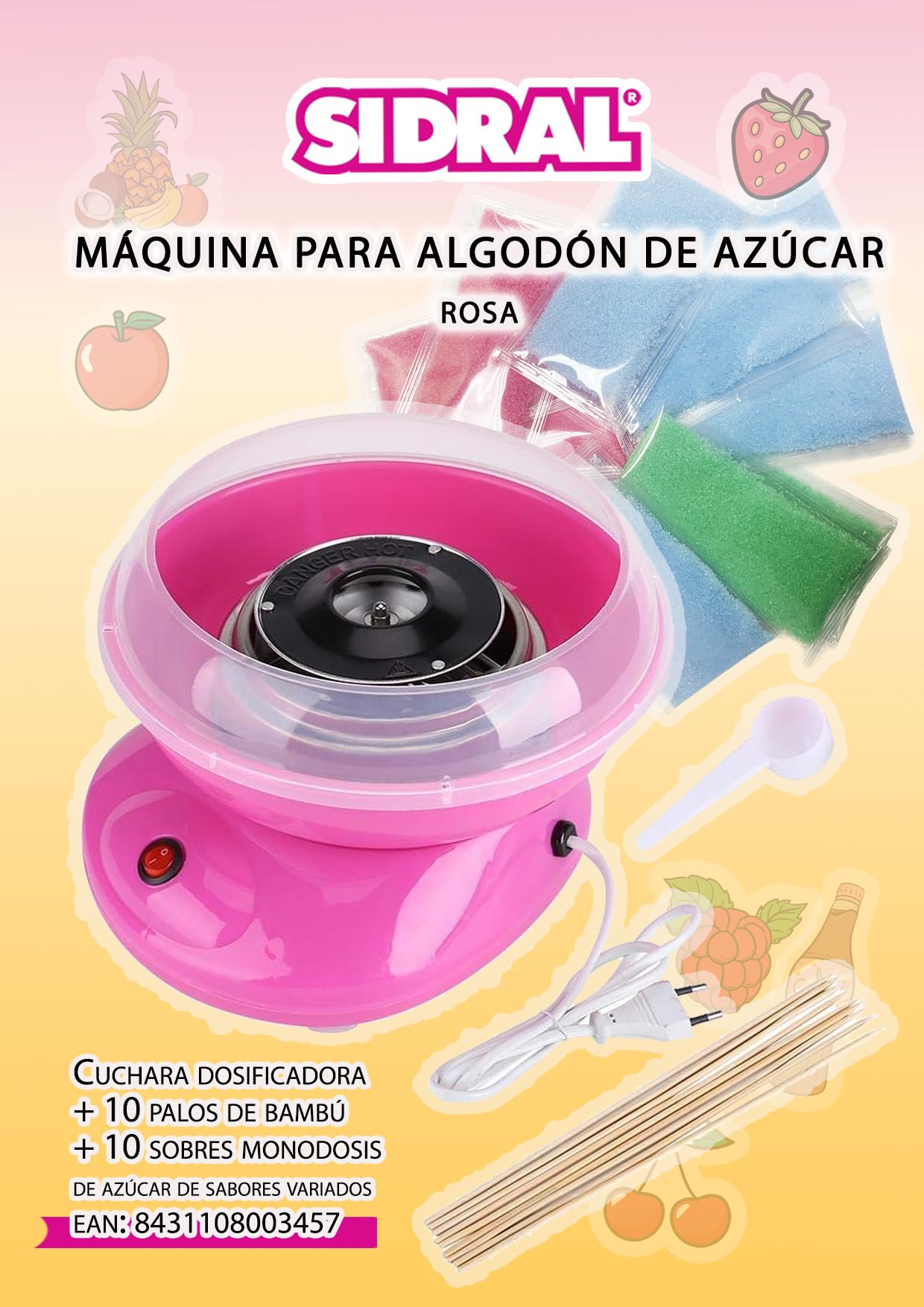 Máquina para Algodón de Azúcar SIDRAL + 10 Palos + 10 Monodosis Azúcar