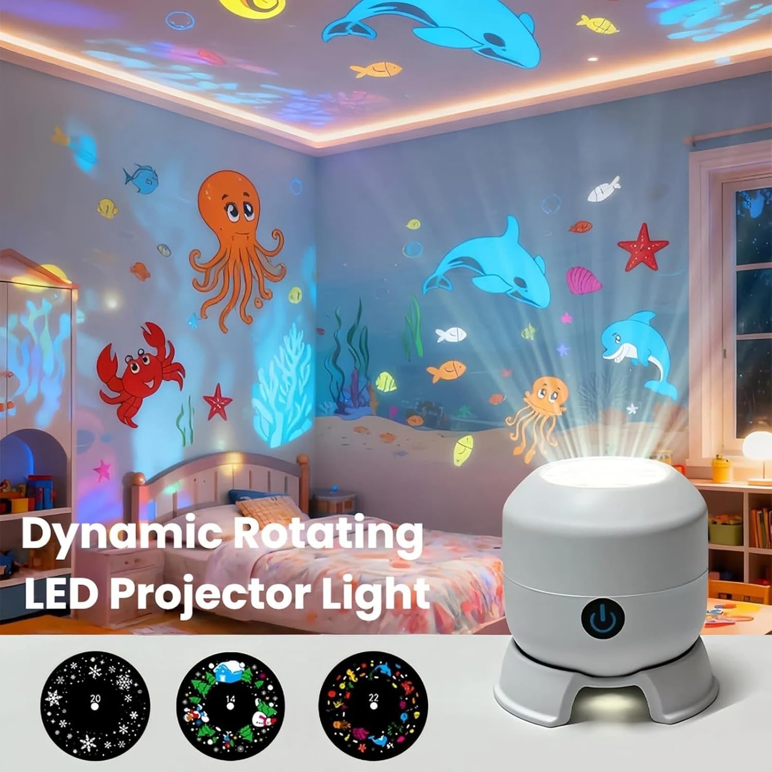 Dynamic Rotating LED Projector Light, USB Rechargeable LED Projector, Snowflake/Christmas/Oceans Dynamic Patterns, 360° Rotating Ocean Night Light Projector for Bedroom, Room Decor (Ocean) — view 2