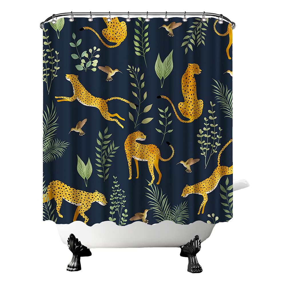 Wild Animal Shower Curtain Leopard Jaguar Hummingbird with Green Leaves Bathtub Curtain Jungle Animal Print Fabric Shower Curtain for Bathroom Decor with Hooks 72"×72"