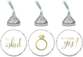 Andaz Press Chocolate Drop Labels Stickers, Wedding He Asked She Said Yes!, Metallic Gold Ink, 216-Pack, for Bridal Shower Engagement Kisses Party Favors Decor