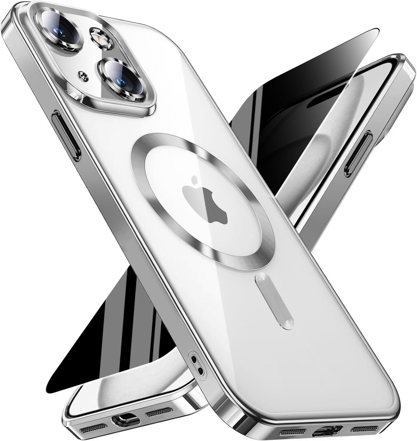 Magnetic for iPhone 15 Plus Case with Privacy Screen Protector &amp; Full Camera Cover,Compatible with MagSafe,[Non-Yellowing]Plating Soft Shockproof Clear Phone Case Women Girls for iPhone 15Plus,Sliver