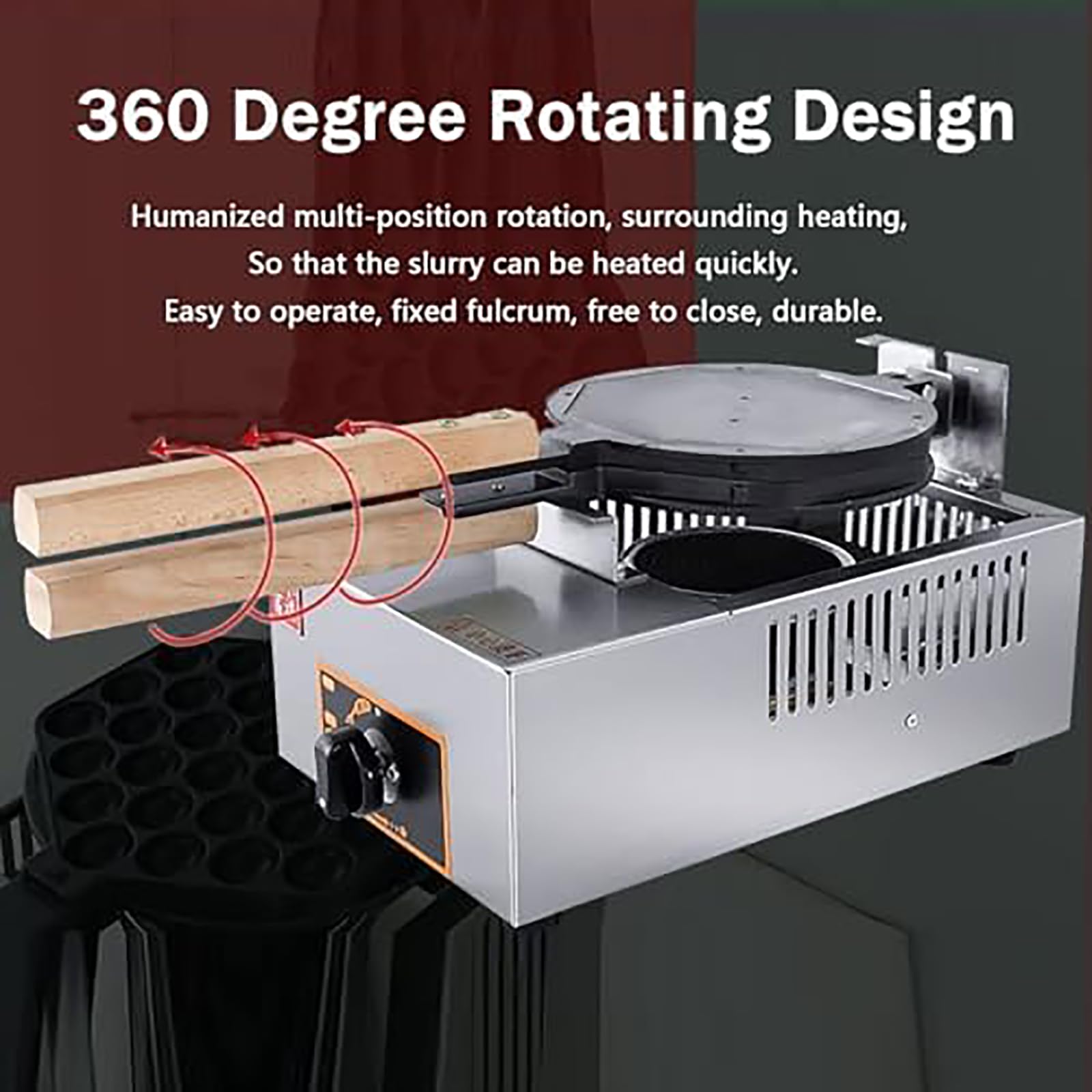 Máquina para hacer conos de gofre, calentamiento rápido de doble cara, revestimiento antiadherente, mango de madera resistente al calor, uso comercial