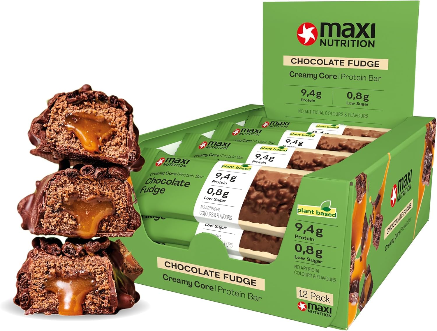 MaxiNutrition Vegan Creamy Core Bar Chocolate Fudge 12x45g - vegane Protein Riegel, 21% vegan Protein, 9,4g je Riegel, low Sugar (0,4 g), ohne Zuckerzusatz, ohne künstliche Aromen
