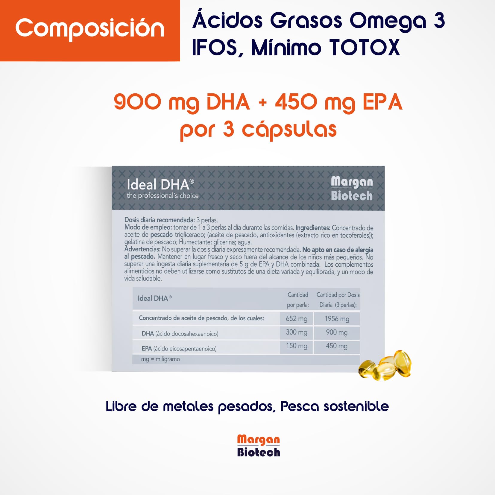 Ideal DHA® de Margan Biotech, 90n cápsulas blandas pequeñas | Ácidos Grasos Omega 3 Triglicerados | 300 mg de DHA y 150 mg de EPA por cápsula | Suplemento Omega 3 certificado con Mínimo TOTOX