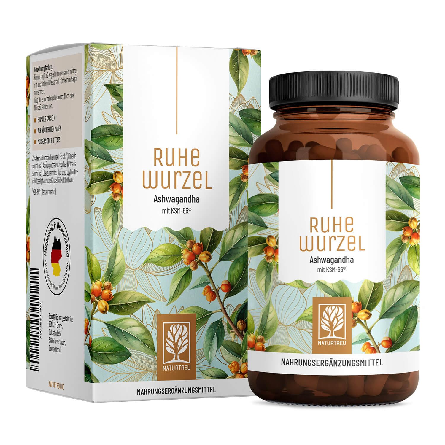 NATURTREU® Ashwagandha KSM-66® hochdosiert 120 Kapseln - 600 mg Ashwagandha pro Tag - Komplex aus Ashwagandha-Wurzelextrakt & Ashwagandhawurzelpulver - 5% Withanolid-Gehalt - Vegan