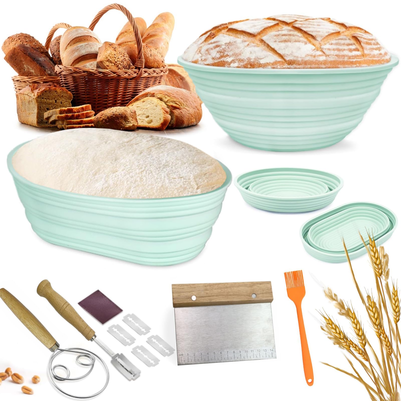 Sourdough Bread Baking Supplies, Sourdough Starter Kit 10PCS, Bread Making Tools Set with Silicone Sourdough Proofing Basket, Dough Cutter, Bread Cutter, Dough Whisk and Oil Brush