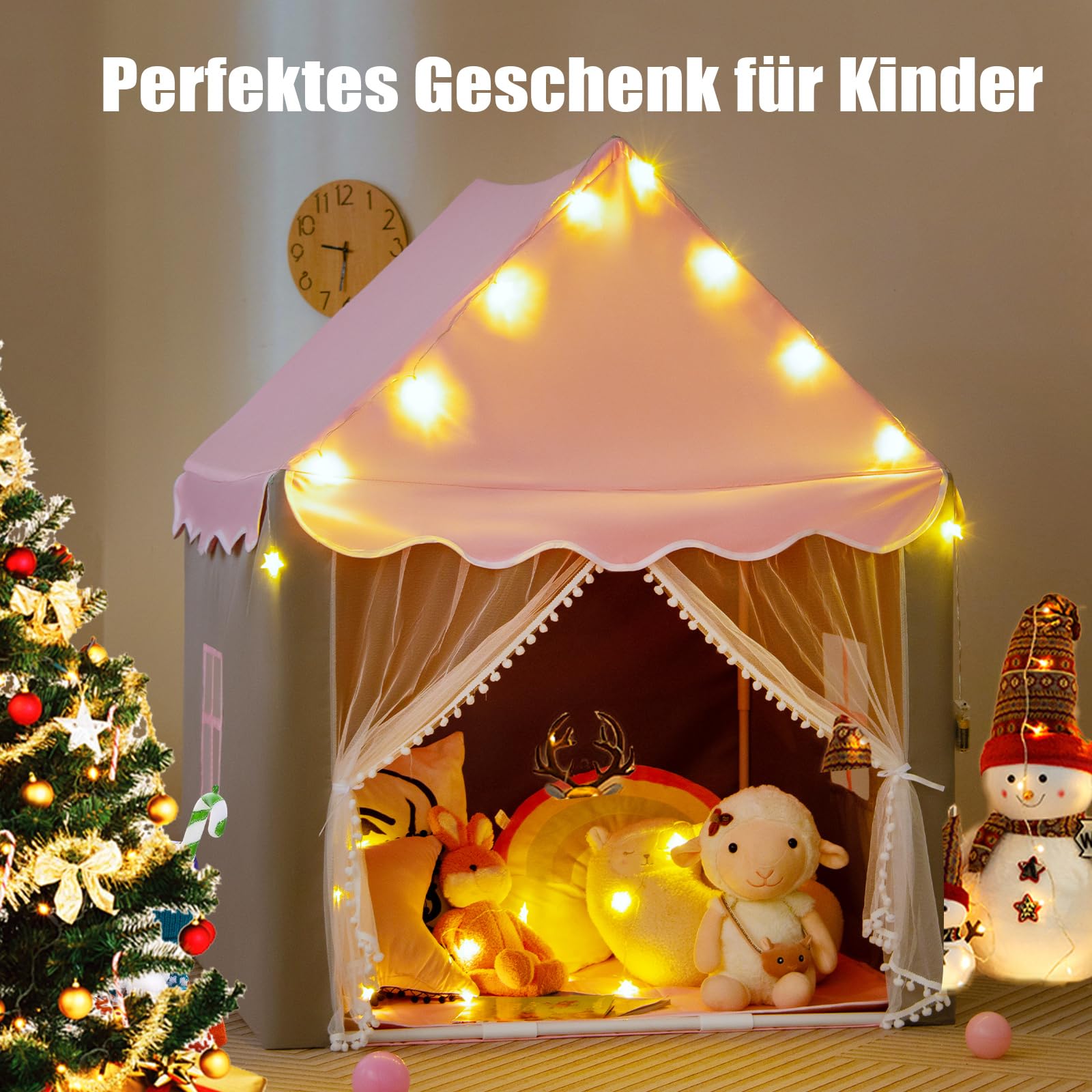 COSTWAY Kinderspielhaus mit Sternenlichter, Prinzessin Prinzess Kinderzelt mit Fenster & Matte, Spielzelt mit doppeltem Vorhang, Kinderspielzelt, Kinderspielburg für Jungen und Märchen (Rosa)