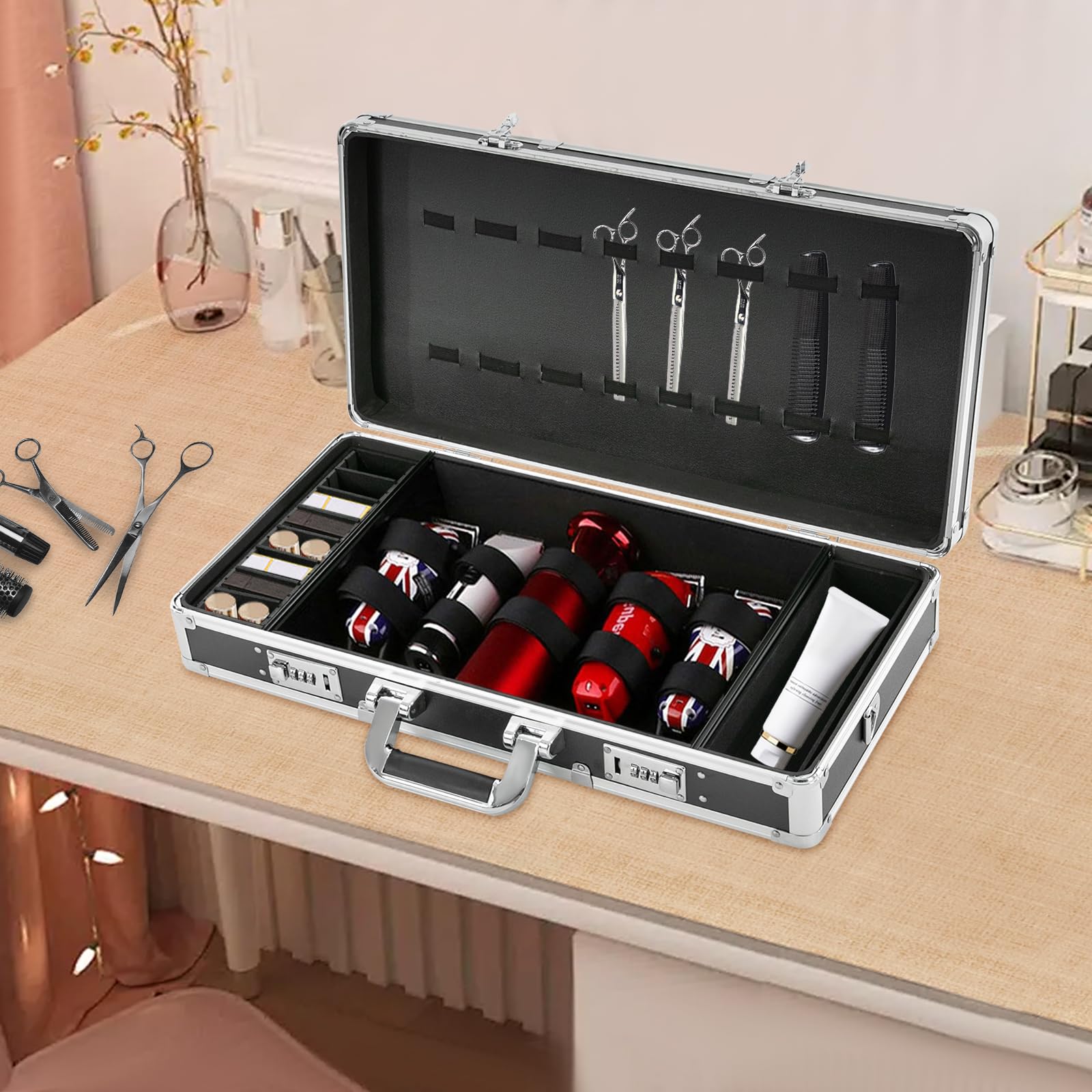 Barbiere case portatile, con due lucchetti a combinazione, organizer per attrezzi da viaggio, stile Barber Stylist, borsa per il trasporto (argento)