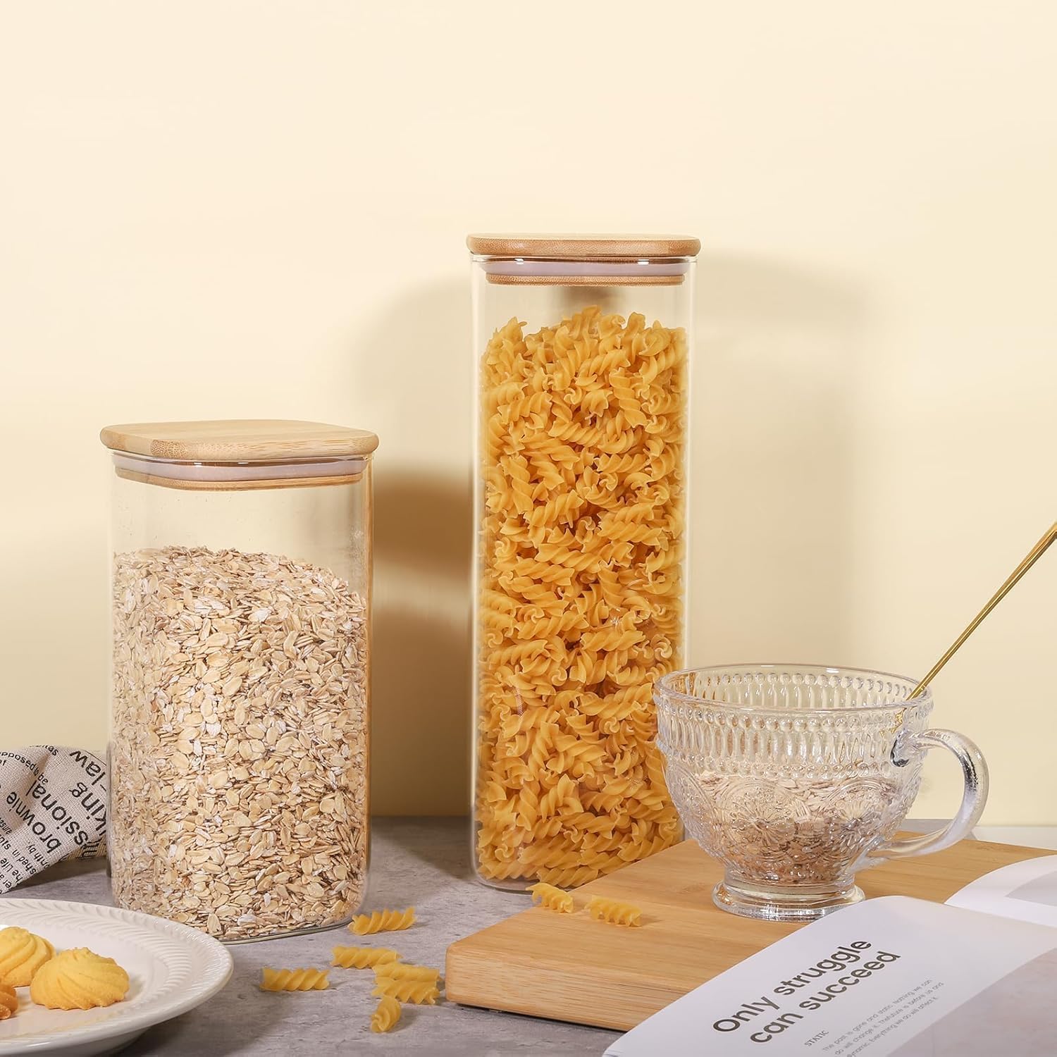 Barattoli in vetro da 2100 ml con coperchi in bambù, 3 contenitori ermetici da cucina per alimenti, cereali, set di barattoli per marmellata, pasta, spaghetti, tè, caffè, chicchi, biscotti