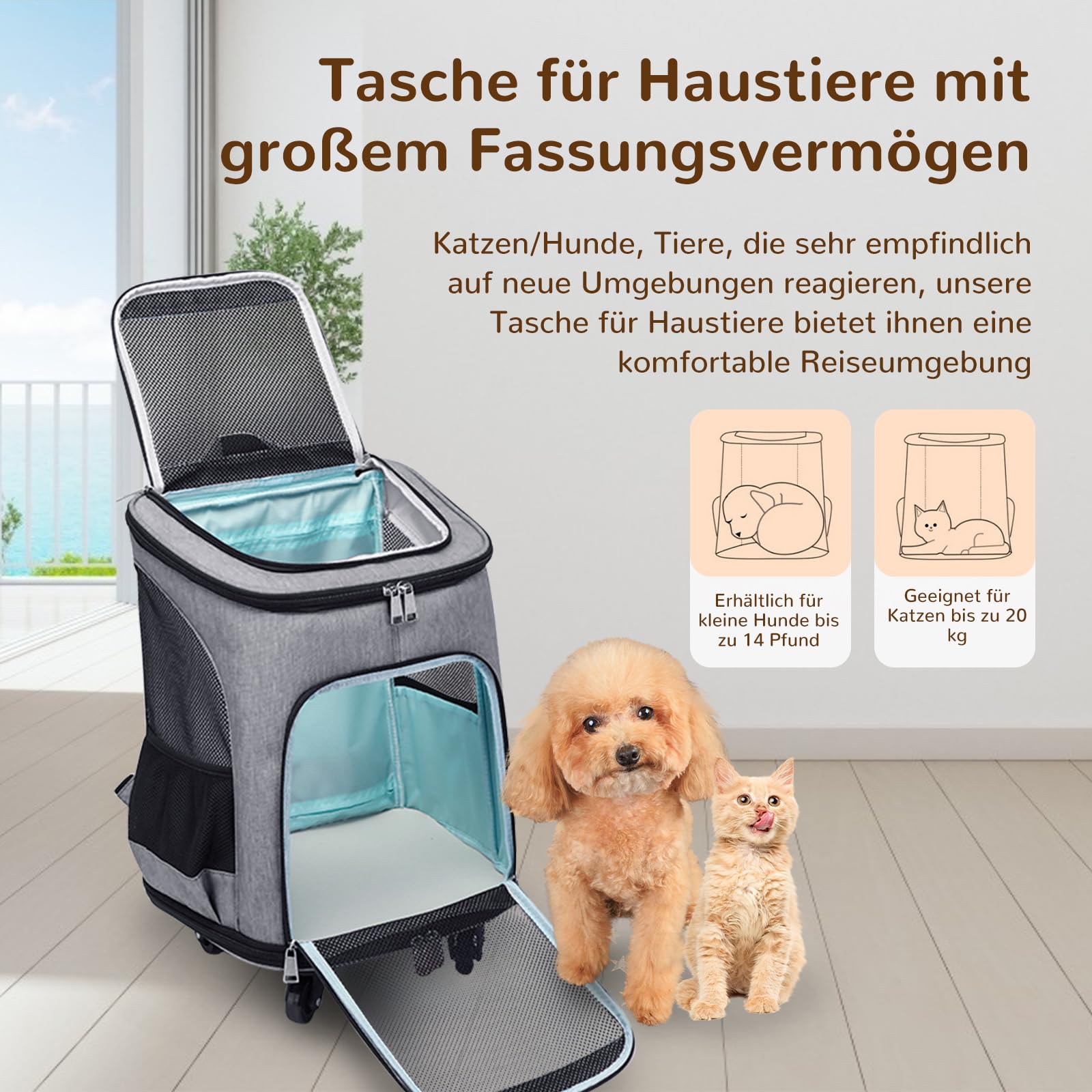 Zaino per cani con trolley, per gatti, fino a 10 kg, leggero, trasportino per cuccioli, animali domestici (grigio)
