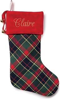 Personalized Planet Plaid Christmas Stocking with Custom Name Embroidery | Red Cuff with Jingle Bell Accents | Fun Festive Christmas Home Décor | Ready to Hang