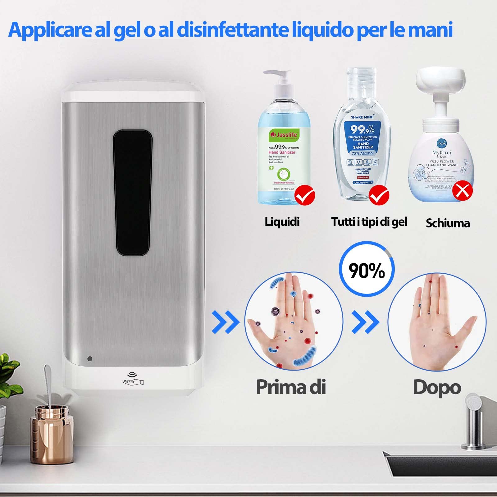 Dispenser di Sapone a Parete 1000ml, Commerciale a Dispensatore Manuale di Sapone automatico Gel Dispenser Pompa per Azienda, Scuola, Ospedale, Acciaio Inox