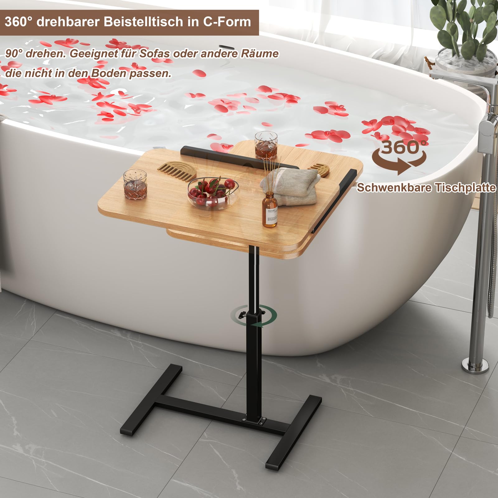 C-vormige bijzettafel, verstelbare hoogte 360° draaibaar voor bank en bed, metalen basis flip-top laptopstandaard, mobiele massief houten salontafel
