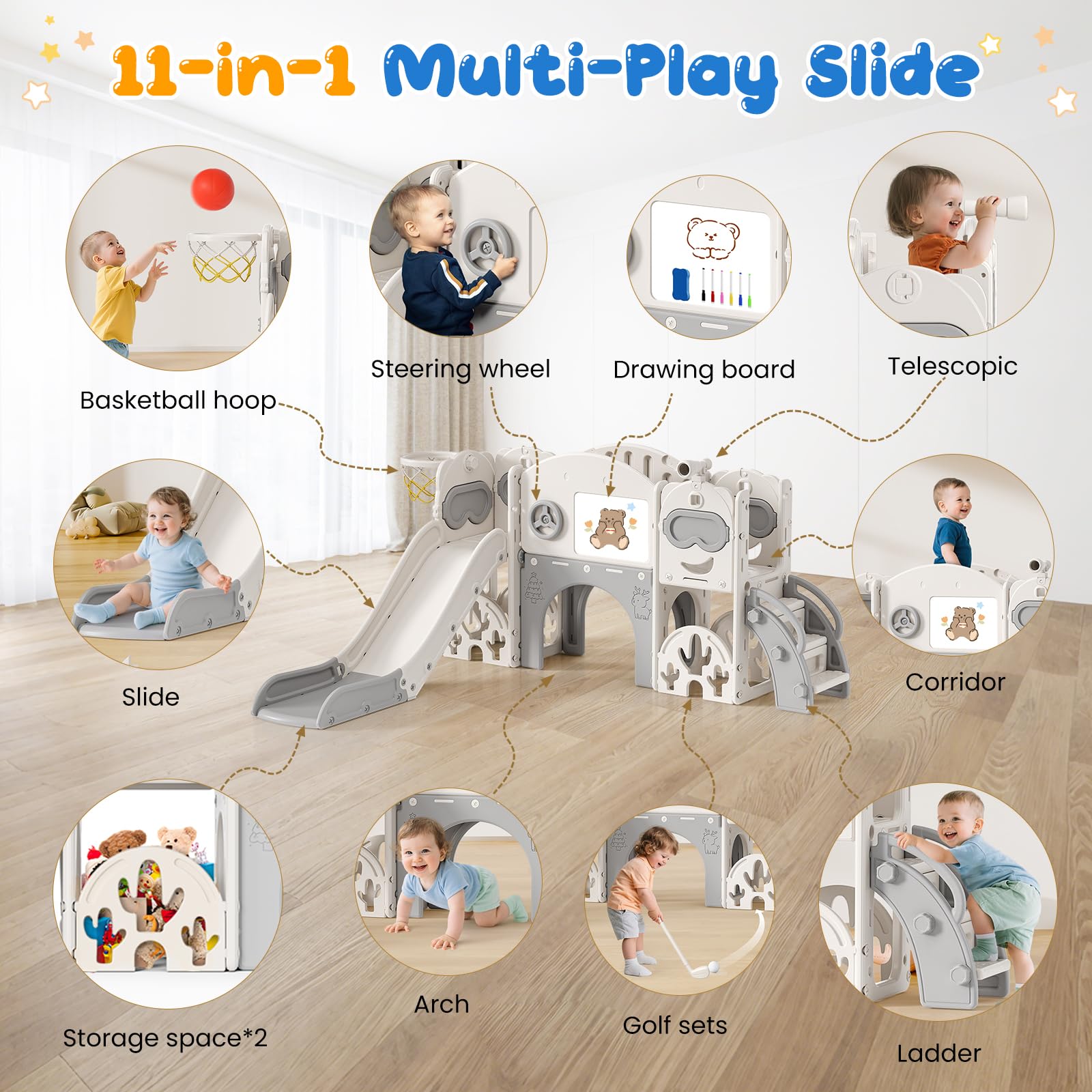 Scivolo per bambini, scivolo per bambini piccoli indipendente con canestro da basket, attrezzatura per parco giochi con scivolo, scivoli all'aperto (Blu Grigio-7 in 1)