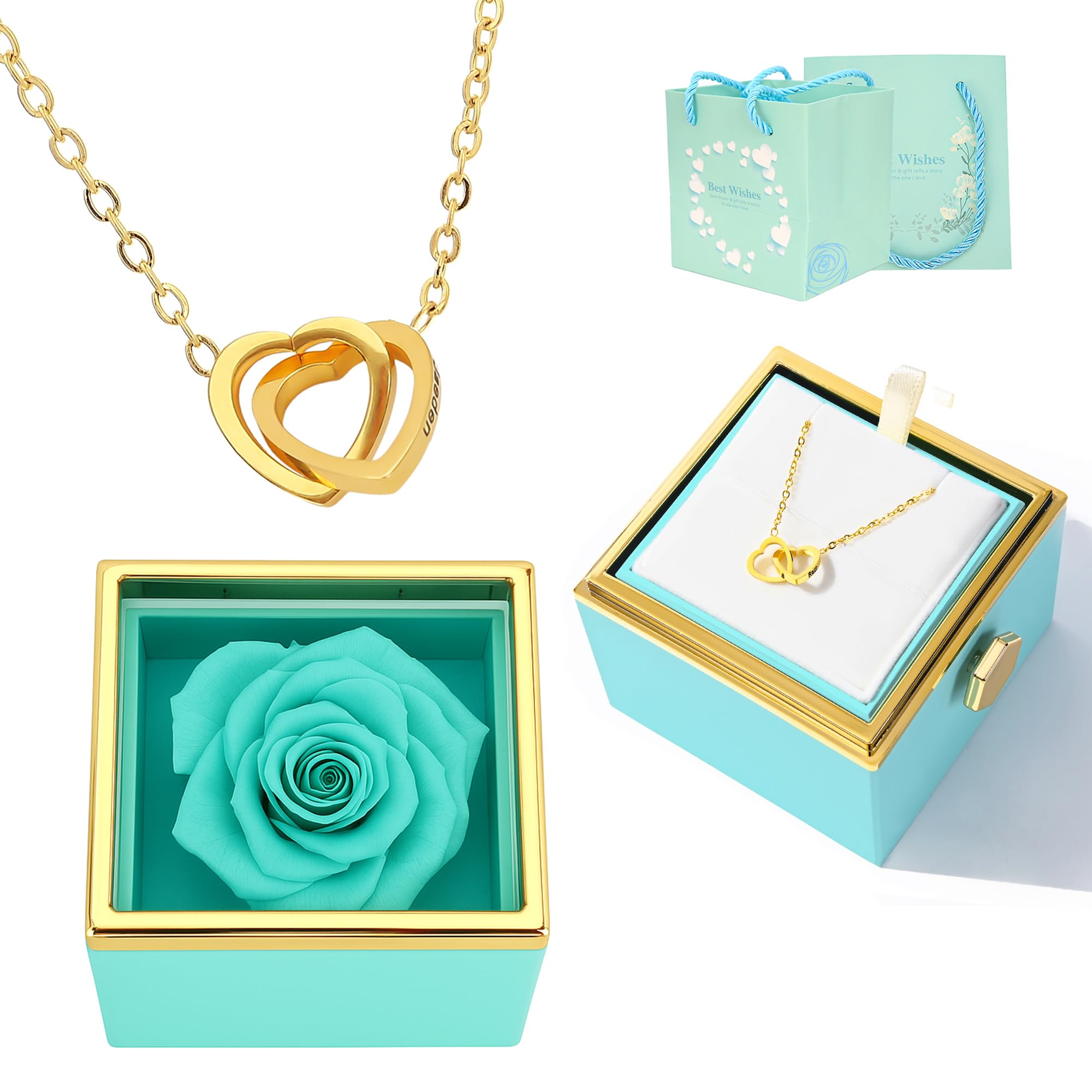 Tingku Women's Blue Rose Box Eternal Real Rose Gift Box For Preserved Rose With Customized Engraved Name Heart Necklace, Personalized Forever Flowers For Her Wife Mom Girlfriend, Valentines Day Love Keepsake-Blue