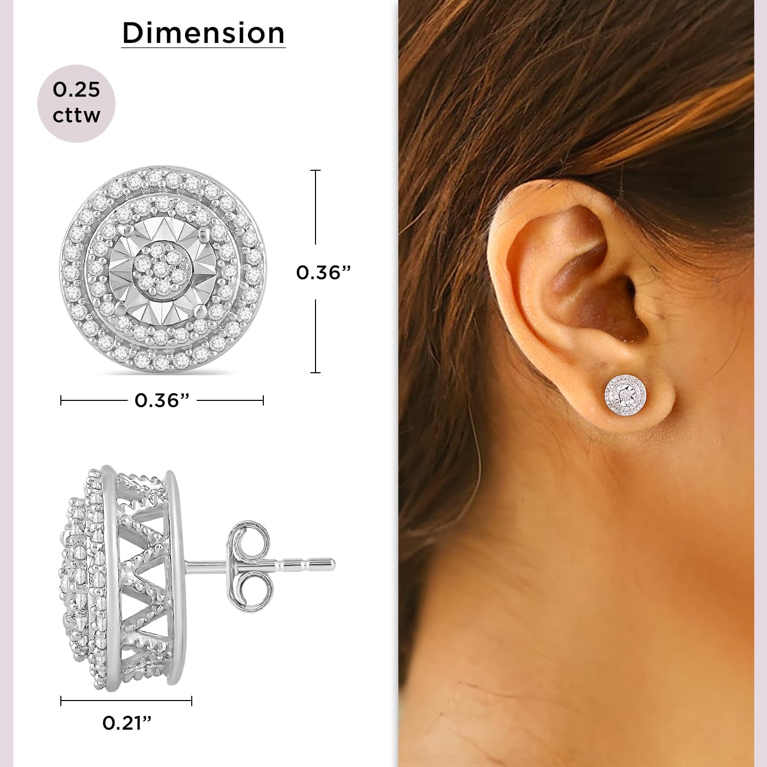 Jewelili 925 Sterling Silver Stud Earrings for Women | 1/4 CTW Diamonds | Choice of Heart, Cushion, Pear or Round shape in Black, Blue, or White Diamonds | Push Back Post | Fine Jewelry