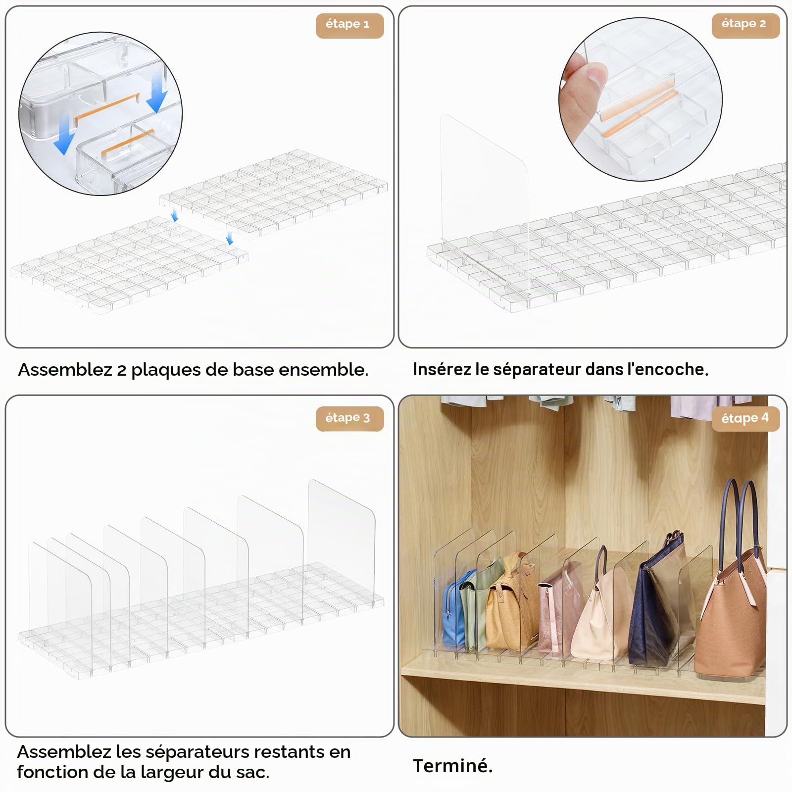 PAVSTINE Rangement sac à Main Apilable, 8 Compartimentos Séparateur d'étagères Transparent Amovible, Étagère de Rangement Pour Sacs Multifuncional, Organisateur sac à Main Convient Chambre et Bureau