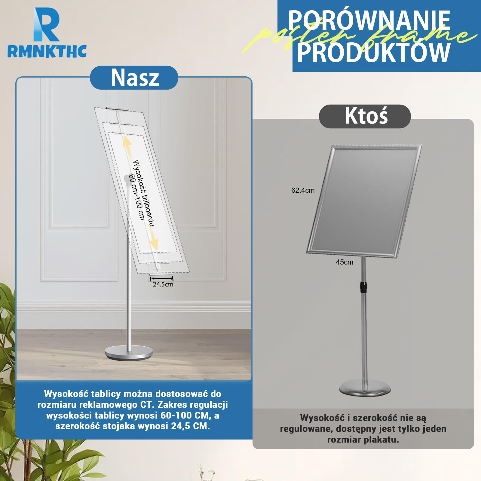 Stojak na plakat, stojak wystawowy, regulacja wysokości 60-100 cm, format pionowy/poziomy + podstawa Ø 28 cm, uchwyt na plakat do sklepów/targów (srebrny)