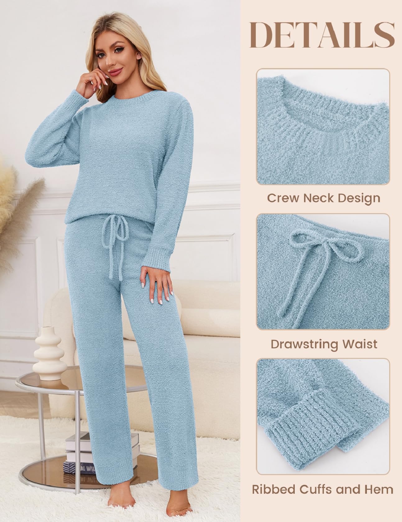Ensemble de pyjama 2 pièces en polaire pelucheuse pour femme - Ensemble de détente chaud à manches longues en tricot - Pull et pantalon