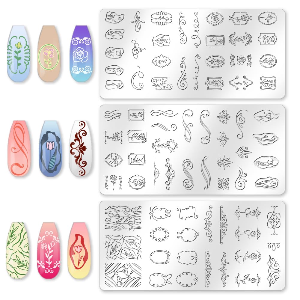 beinkmake 3Pcs Tulip Nail Stamping Plate Set Floral Irregular Geometric Frames Steel Nail Stamp Templates Clear Silicone Nails Stamping with Stamper Scraper for Manicure Printing - Image 3
