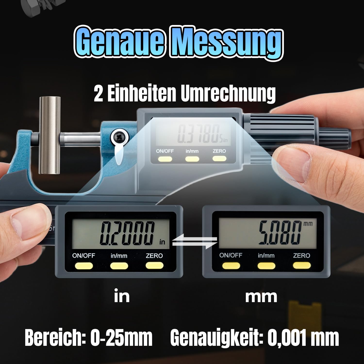 Digitales Mikrometer 0-25mm Mikrometerschraube Digital mit LCD-Display, Bügelmessschraube Elektronisch, 0.001mm Hohe Präzision, mm/Zoll für Werkstatt & Heimwerker