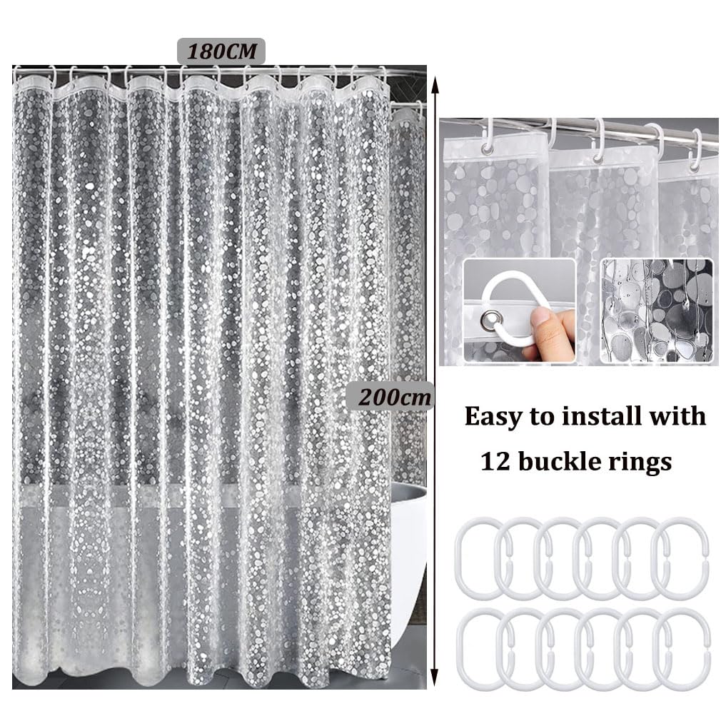 Shower Curtains Mould Proof Resistant,180 x 200 cm,Shower Curtain for Bathroom,Waterproof Heavy Duty Bathroom Curtains,PEVA Cobblestone Shower Curtain with 12 Hooks,Washable,Mildew Resistant,3D Effect - Image 2