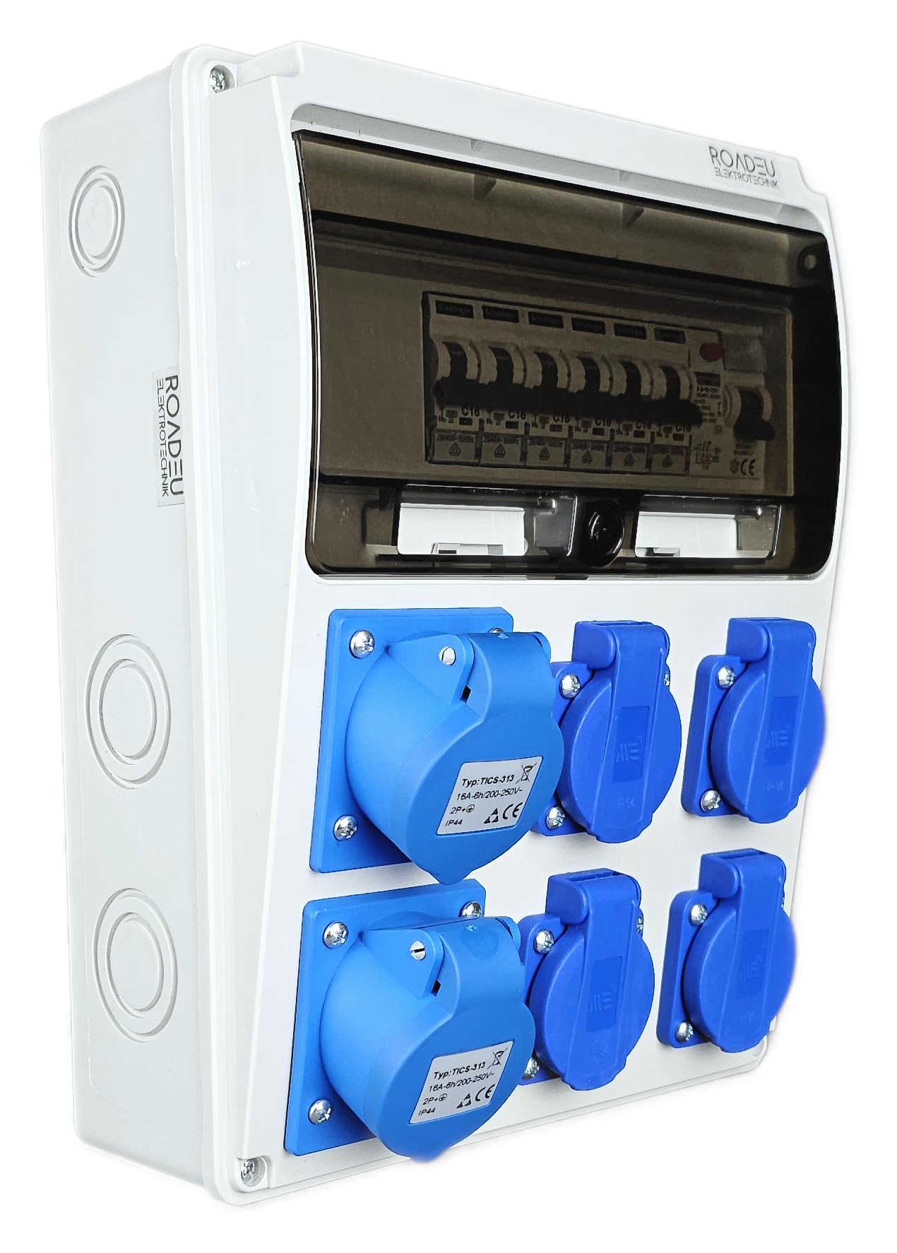 RoadEu - Distribuidor de corriente de 230V. Monofásico, 2 enchufes CEE 16A 3P y 4 enchufes Schuko con fusibles automáticos. Distribuidor de enchufes con interruptor diferencial y disyuntor.