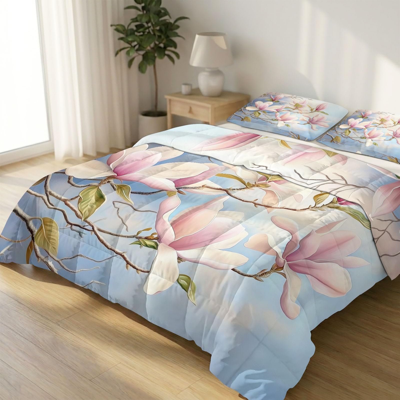 Generisch Kołdra 200 x 200 cm, na 4 pory roku, jasnozielone liście, dwustronna kołdra pikowana, miękka kołdra całoroczna, bez poszewki, nadaje się do prania, z poszewką na poduszkę