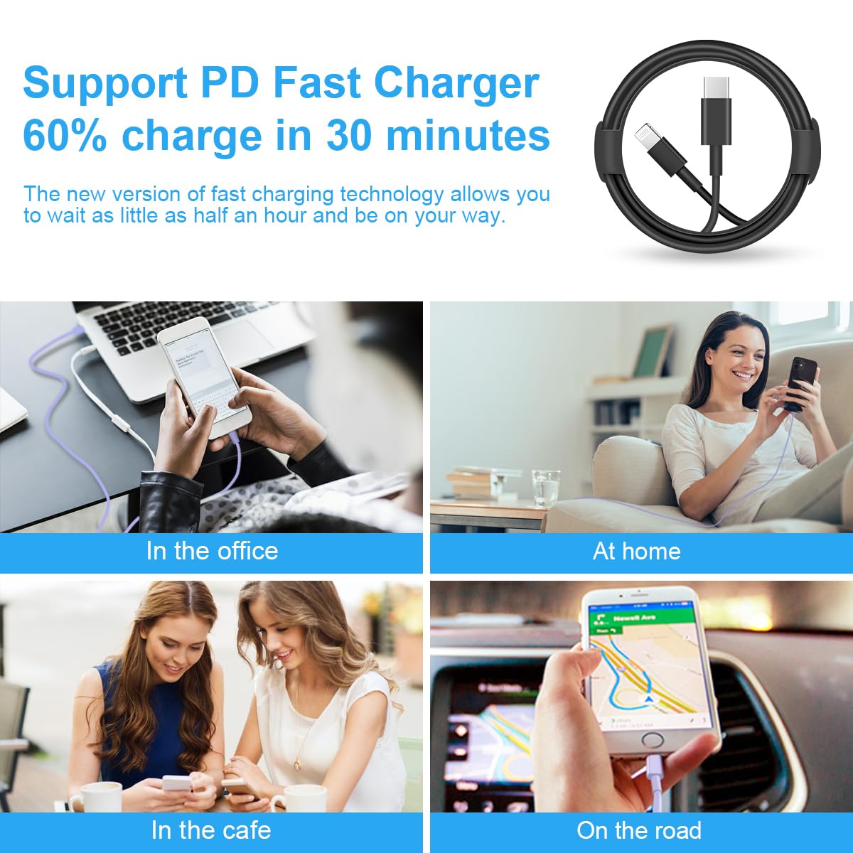 Cargador rápido para iPhone, paquete de 3 + 3 cargadores de pared USB C de 20 W con cable de carga rápida de 10 pies compatible con iPhone 14/13/12/11/Pro/Pro Max, color negro